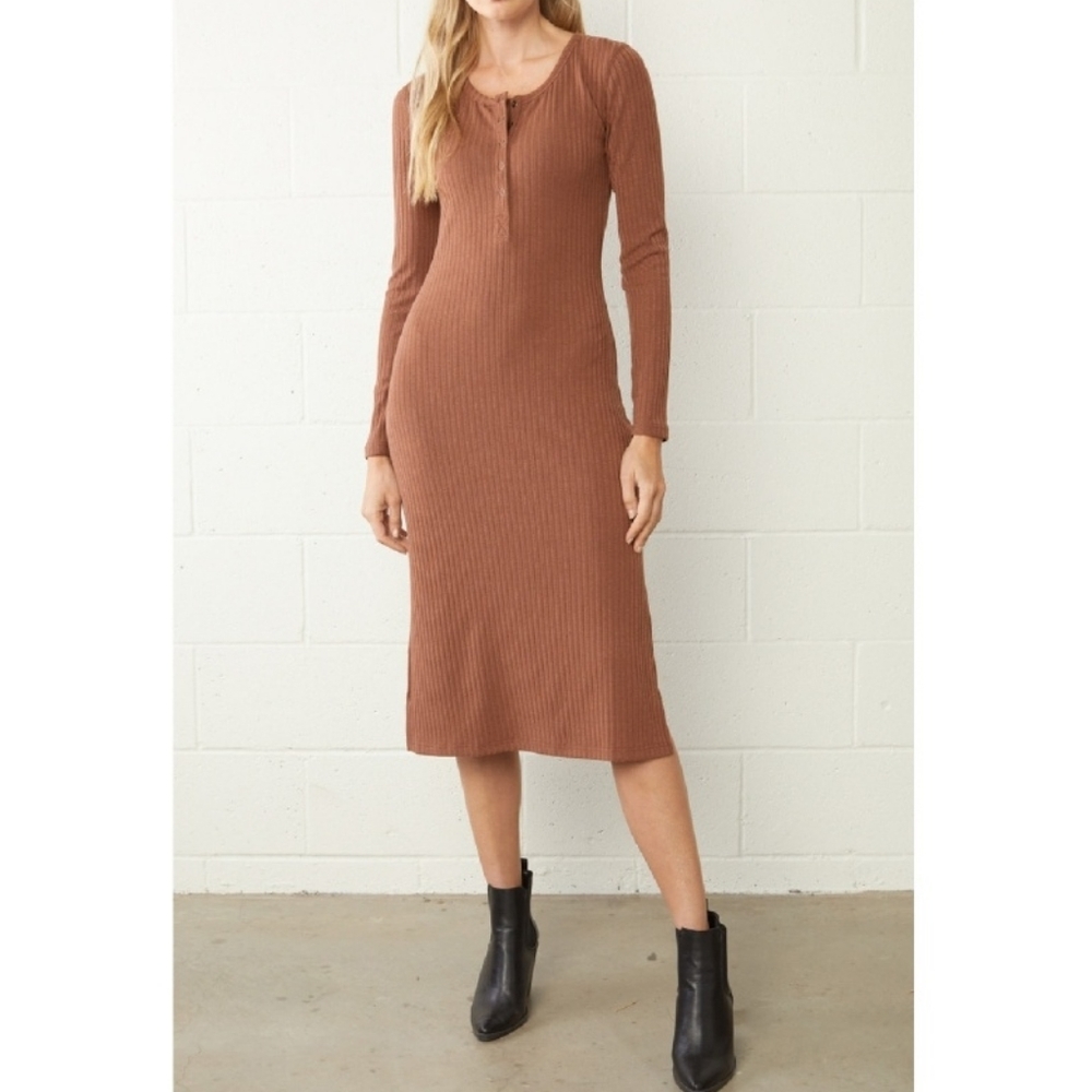 NWT Entro Ribbed Long Sleeve Midi Dress Caramel Brown Size S